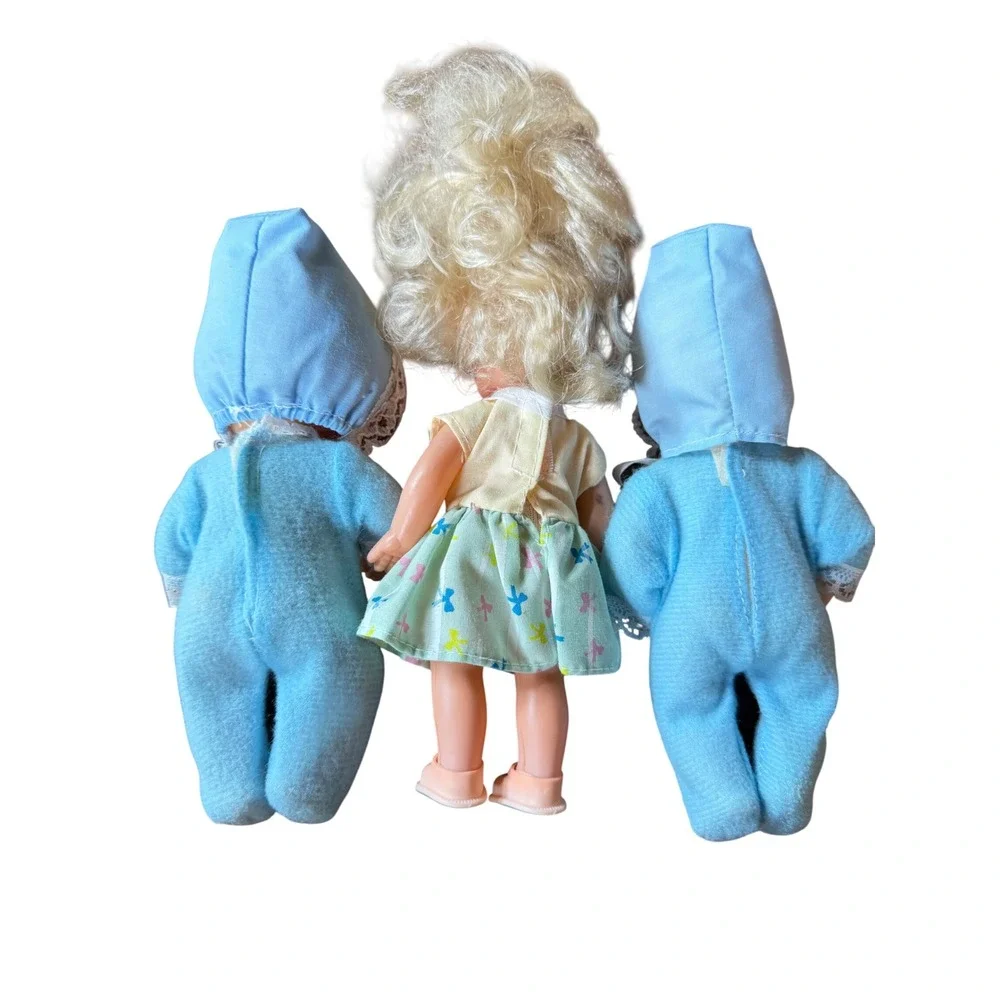 Vintage Small Doll Lot 2 Blue Baby Sleepers 1 Blonde Girl Butterfly Dress 3pc